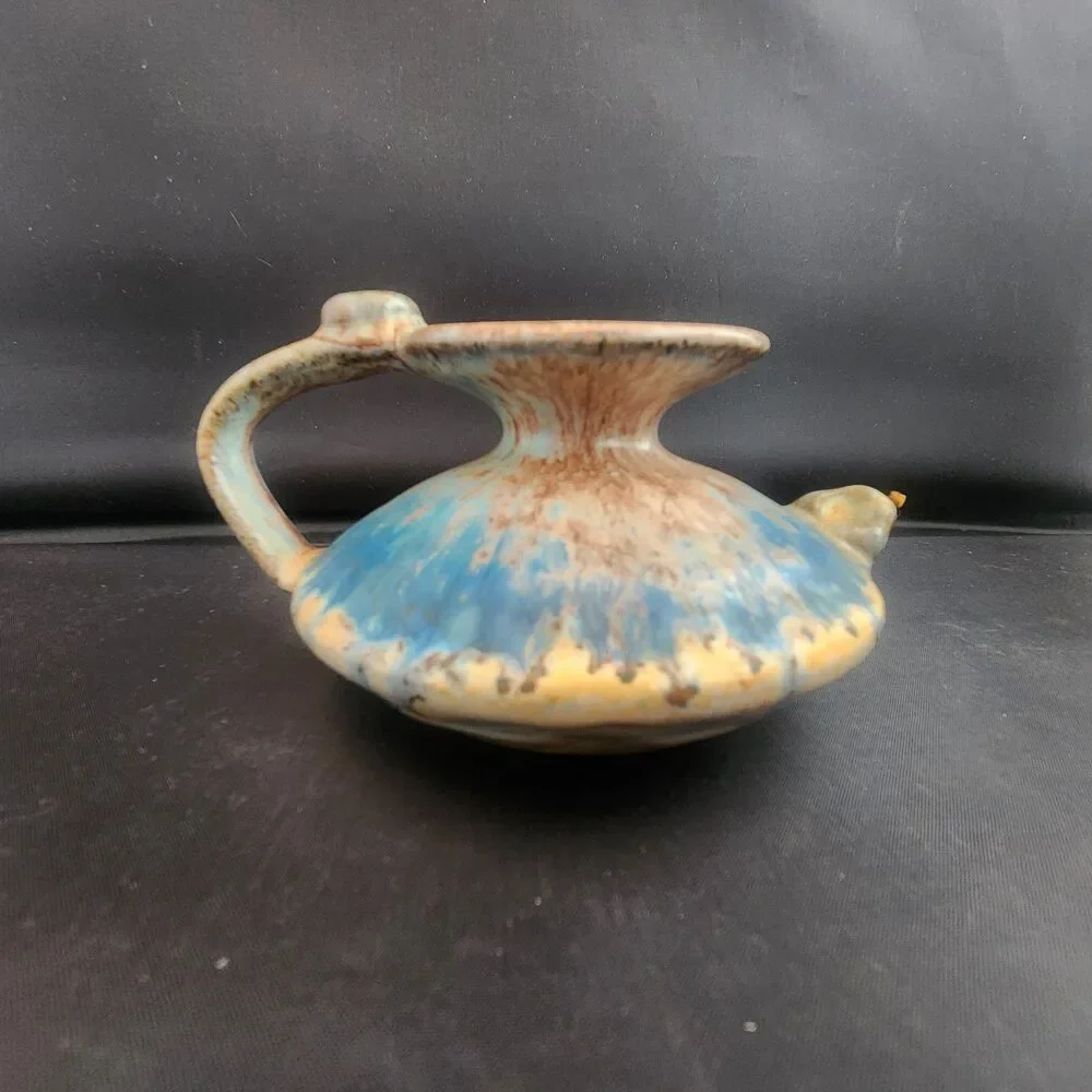 Single Double Wick Studio Pottery Oil Lamp Blue Drip Glaze OOAK Genie Signed VTG